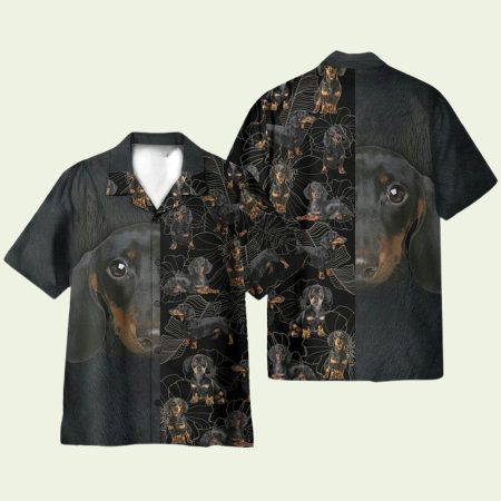 Dachshund Tropical Black Pattern Hawaiian Shirt