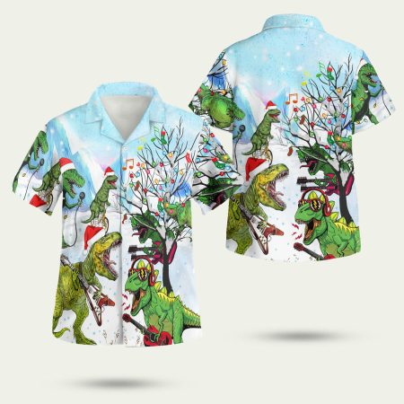 Dinosaurs Play Guitar On Christmas Hawaiian Shirt
