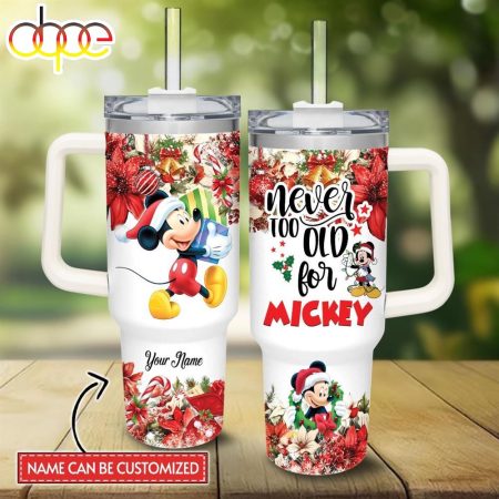 Disney Custom Name Mickey Mouse Poinsettia Red Flower Christmas Printed 30oz or 40oz Quencher Tumbler LN