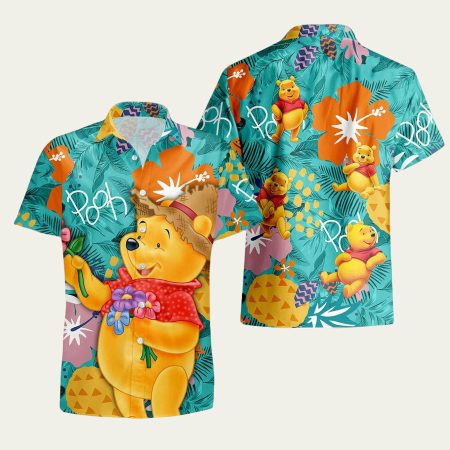Disney Summer Beach Winnie The Pooh Clear Orange Floral Hawaiian Shirt