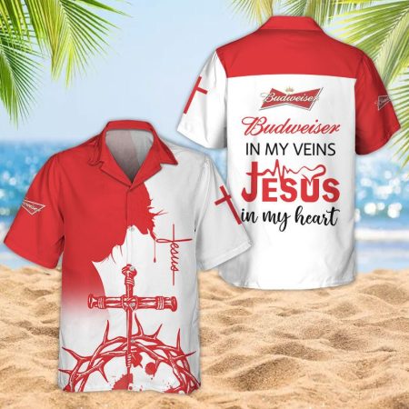Budweiser In My Veins Jesus In My Heart Hawaiian Shirt, Christian Budweiser Beer Hawaiian Shirt, Jesus Budweiser Button Down Short Sleeve Shirts