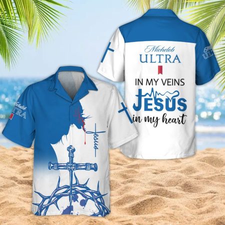 Michelob Ultra Jesus In My Heart Hawaiian Shirt, Christian Michelob Ultra Beer Hawaiian Shirt, Michelob Ultra Logo Print Jesus Christ Aloha Shirt