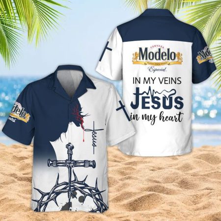 Modelo In My Veins Jesus In My Heart Hawaiian Shirt, Christian Modelo Beer Hawaiian Shirts, Modelo Beer Logo Print Jesus Christ Aloha Shirts