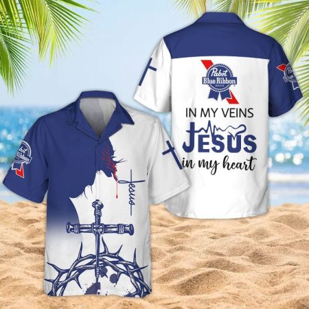 Pabst Blue Ribbon Jesus In My Heart Hawaiian Shirt, Christian Pabst Blue Ribbon Beer Hawaiian Shirts, Pabst Blue Ribbon Jesus Christ Aloha Shirts