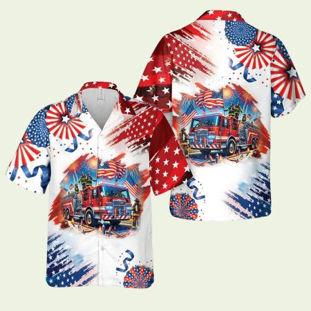 Fire Truck 4Th Of July Brush Pattern Hawaiian Shirt