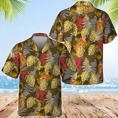 Fireball Whisky Tropical Leaf Mens Hawaiian Shirt, Tropical Monstera Leaf Fireball Button Down Shirt, Tropical Fireball Whisky Summer Aloha Shirt