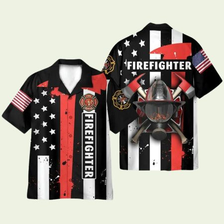 Firefighter US Flag Pattern Hawaiian Shirt
