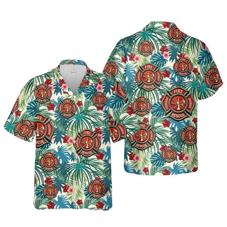 Firefighter Logo Palm Leaves Hawaiian Shirt