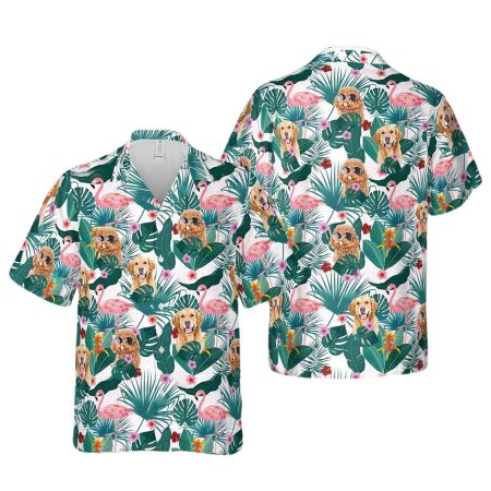 Flamingo And Dog Floral Pattern Hawaiian Shirt