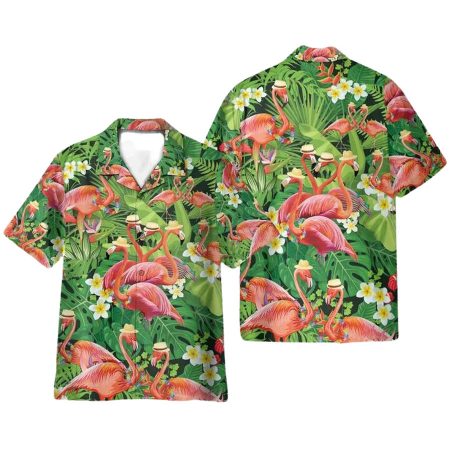 Flamingo In Tropical Green Leaves Funny Hawaiian Shirt