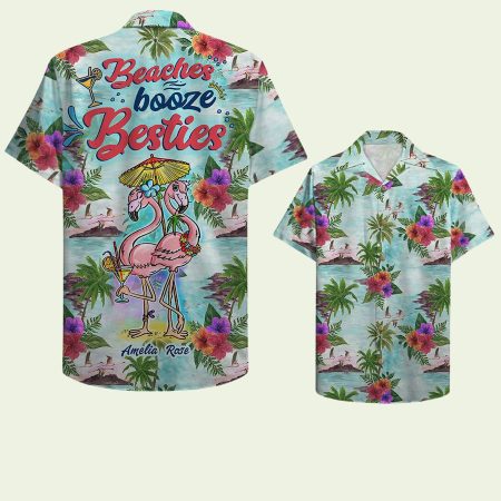 Flamingo Sister Sun Tan Flamingo Beaches Booze Besties Hawaiian Shirt