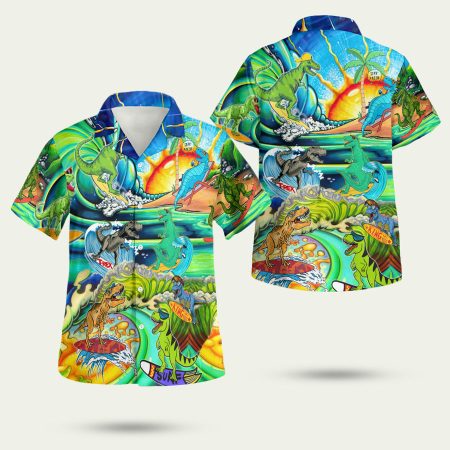 Funny t rex dinosaur surfing on the summer beach Hawaiian Shirt