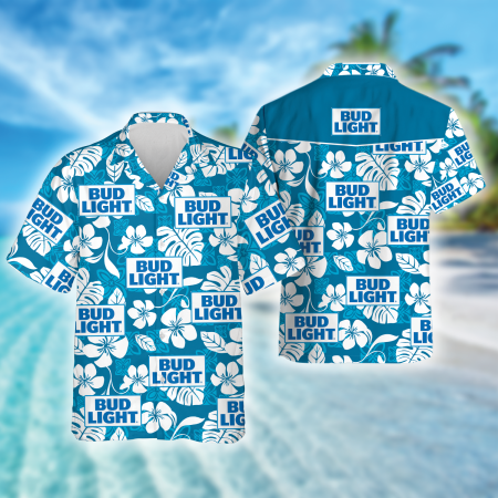 Tropical Hibiscus Blue Bud Light Beer Hawaiian Shirt, Bud Light Beer Aloha Summer Beach Shirt, Bud Light Logo Printed Button Down Hawaiian Shirt