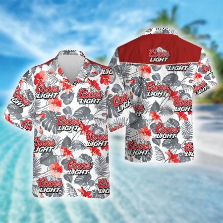 Tropical Red Hibiscus Coors Light Beer Hawaiian Shirt, Coors Light Beer Aloha Summer Beach Shirt, Tropical Coors Light Button Down Hawaiian Shirt