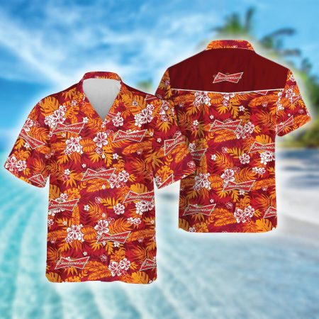 Tropical Floral Red Pattern Budweiser Beer Hawaiian Shirt, Budweiser Beer Aloha Summer Beach Shirt, Budweiser Beer Button Down Hawaiian Shirt