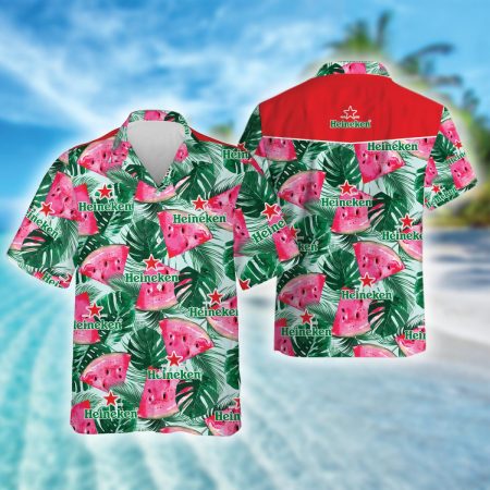 Tropical Leaves Watermelon Heineken Beer Hawaiian Shirt, Heineken Beer Aloha Summer Beach Shirt, Heineken Logo Printed Button Down Hawaiian Shirt