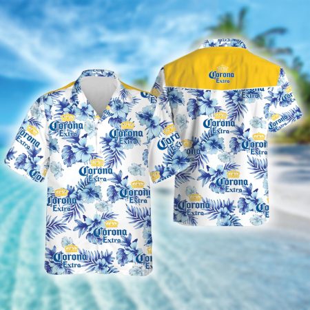 Tropical Blue Hibiscus Corona Extra Beer Hawaiian Shirt, Corona Extra Beer Aloha Summer Beach Shirt, Corona Beer Logo Button Down Hawaiian Shirt