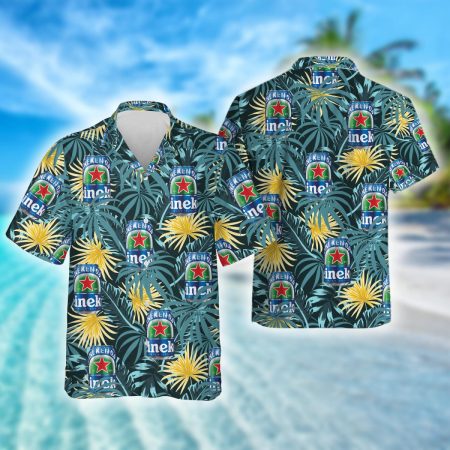 Tropical Palm Leaves Heineken Beer Hawaiian Shirts, Heineken Beer Aloha Summer Beach Shirts, Tropical Heineken Beer Button Down Hawaiian Shirt