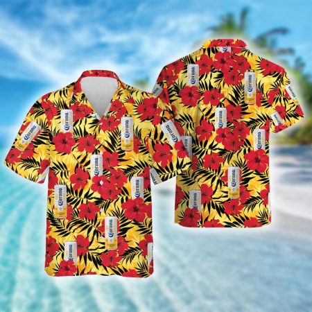 Tropical Red Hibiscus Corona Light Beer Hawaiian Shirt, Corona Light Beer Aloha Summer Beach Shirt, Corona Light Beer Button Down Hawaiian Shirt