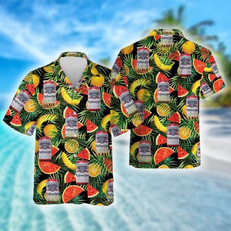 Tropical Fruits Palm Leaves Budweiser Beer Hawaiian Shirt, Budweiser Beer Aloha Summer Beach Shirt, Budweiser Beer Button Down Hawaiian Shirts