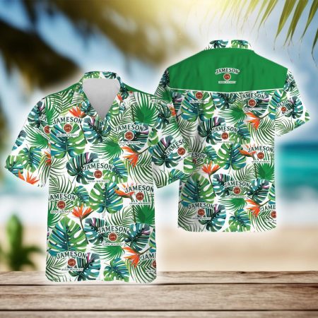 Tropical Monstera Leaf Jameson Whiskey Hawaiian Shirt, Jameson Irish Whiskey Aloha Summer Beach Shirt, Jameson Logo Button Down Hawaiian Shirts