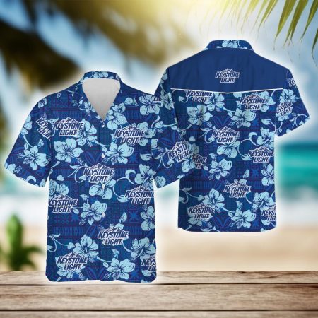 Keystone Light Blue Hibiscus Tribal Pattern Hawaiian Shirt, Keystone Light Aloha Summer Beach Shirt, Keystone Light Logo Button Up Hawaiian Shirt