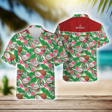 Tropical Leaves Coconut Beck's Beer Hawaiian Shirt, Beck's Beer Logo Aloha Summer Beach Shirts, Beck's Beer Button Down Hawaiian Shirts
