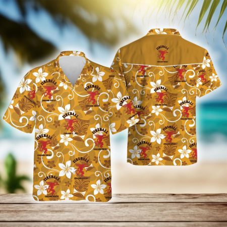 Tropical Floral Tiki Fireball Whisky Hawaiian Shirt, Fireball Cinnamon Whisky Aloha Summer Beach Shirts, Fireball Logo Button Down Hawaiian Shirt