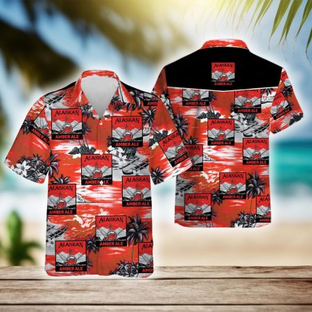 Tropical Island Alaskan Amber Ale Hawaiian Shirt, Alaskan Brewing Aloha Summer Beach Shirts, Alaskan Brewing Logo Button Down Hawaiian Shirt