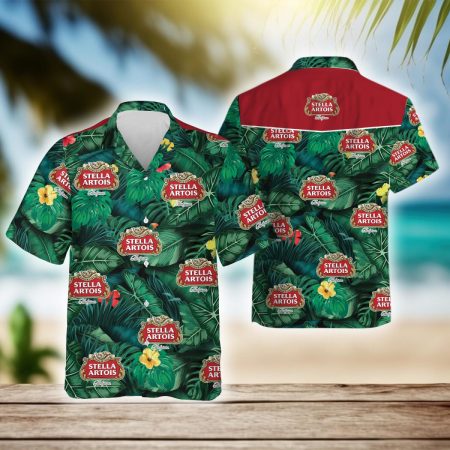 Tropical Leaves Pattern Stella Artois Beer Hawaiian Shirt, Stella Artois Logo Aloha Summer Beach Shirts, Stella Artois Button Down Hawaiian Shirt