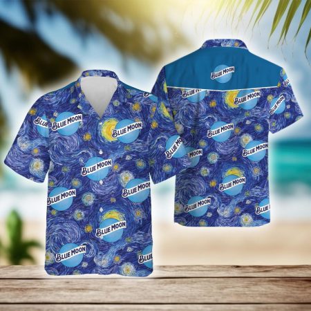 Starry Night Blue Moon Beer Hawaiian Shirt, Blue Moon Logo Aloha Summer Beach Shirts, Blue Moon Beer Starry Night Button Up Hawaiian Shirts