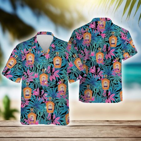 Tropical Leaves Pattern Crown Royal Whisky Hawaiian Shirt, Crown Royal Whiskey Aloha Summer Beach Shirts, Crown Royal Button Down Hawaiian Shirt