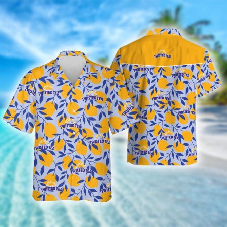 Tropical Lemonade Pattern Twisted Tea Hawaiian Shirt, Twisted Tea Logo Print Aloha Summer Beach Shirts, Twisted Tea Button Down Hawaiian Shirts