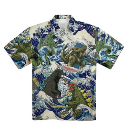 Godzilla Surfing Funny Hawaiian Shirt
