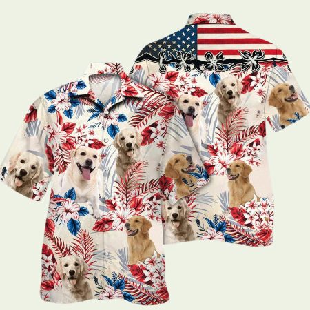 Golden Retriever US Flag Floral Hawaiian Shirt