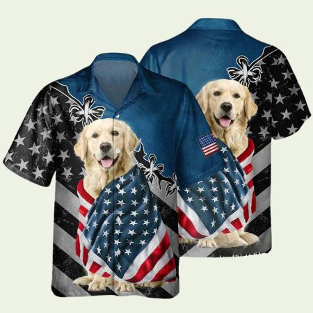 Golden Retriever With American Flag Hawaiian Shirt