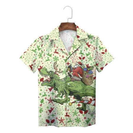 Green Santa Riding Dinosaur Hawaiian Shirt