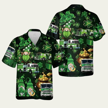 Green Fire Trucks Patrick’s Day Black Pattern Hawaiian Shirt