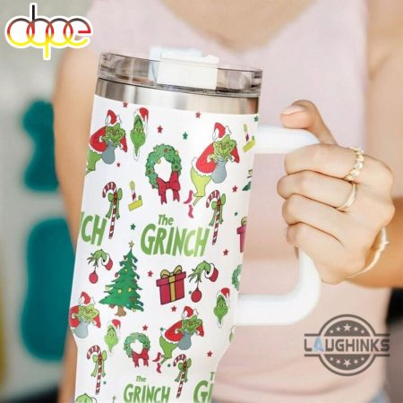 Grinch The Grinch Who Stole Christmas Merry Grinchmas Cups With Handle Green Mean One Xmas Travel Mugs Gift Printed 30oz or 40oz Quencher Tumbler LN