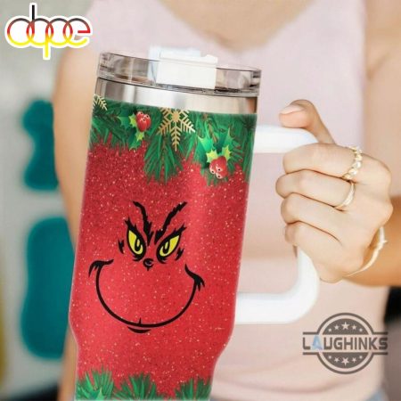 Grinch Christmas Merry Grinchmas Holiday Version Red Faux Glitter Cup The Grinch Stole Christmas Xmas Travel Mugs Printed 30oz or 40oz Quencher Tumbler LN