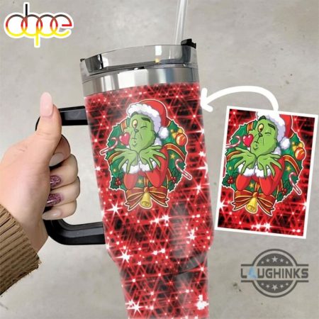 Grinch Faux Glitter Red Themed Santa Grinch Mean One Cups Christmas Xmas Travel Mugs Merry Grinchmas Printed 30oz or 40oz Quencher Tumbler LN