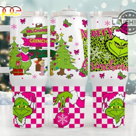 Grinch Pink Christmas Cups Christmas Movie Gift Merry Grinchmas Whoville University Travel Mugs Printed 30oz or 40oz Quencher Tumbler LN