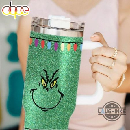 Grinch Christmas Grinchmas Cups With Handle Faux Glitter Mean The Grinch Stole Christmas Xmas Travel Mugs Gift Printed 30oz or 40oz Quencher Tumbler LN
