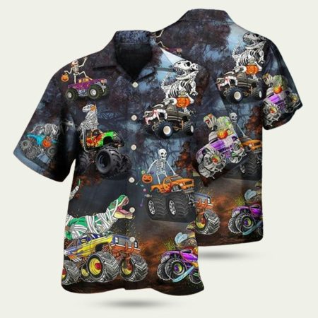 Halloween Skeleton Dinosaur Driving Monster Truck Hawaiian Shirt