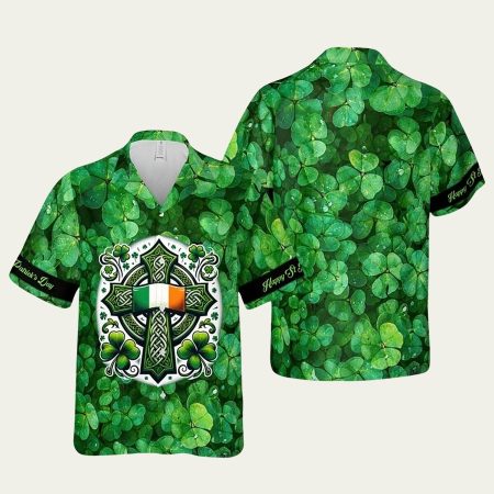 Happy St Patrick’s Day Irish Celtic Cross Ireland Flag Shamrock Hawaiian Shirt