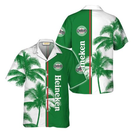 Palm Tree Heineken Green And White Hawaiian Shirt, Heineken Green Palm Tree Summer Aloha Shirts, Heineken Palm Tree Button Down Hawaiian Shirts