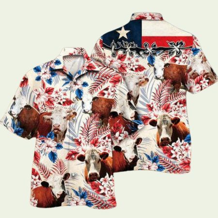 Hereford Cattle Lovers Texas Flag Hawaiian Shirt