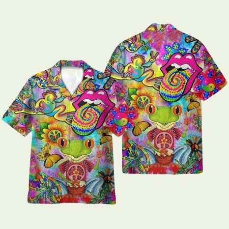 Hippie Colorful Frog Mens Hawaiian Shirt
