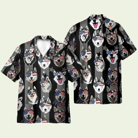Husky American Flag Hawaiian Shirt