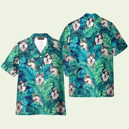 Husky In Tropical Green Leaves Hawaiian Shirt